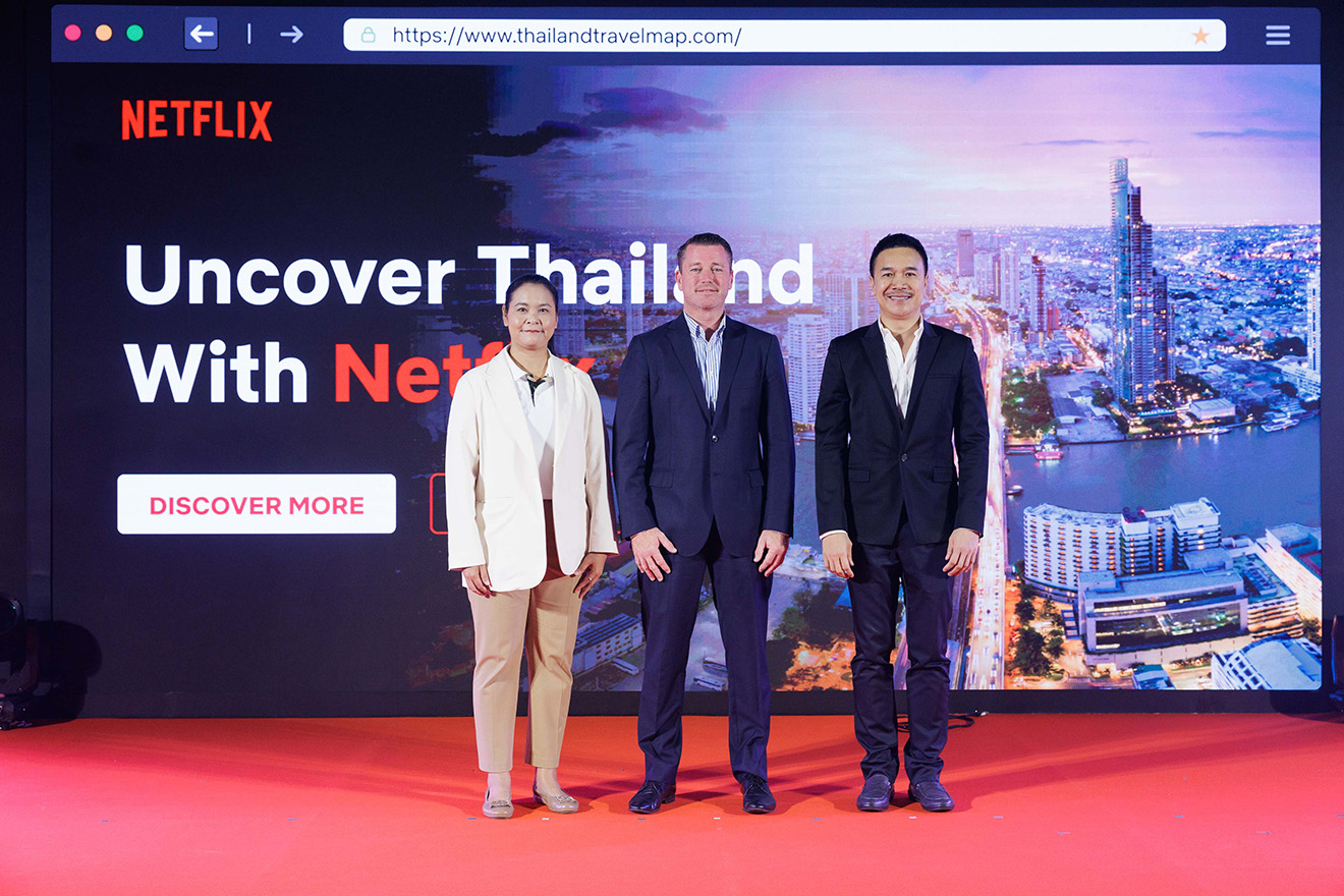 (From left) Ms. Wanabud Atthawit, Director of Tourism Management and Recreation Division, Department of National Parks, Wildlife and Plant Conservation (DNP); Mr. Nick O’Donnell, Head of Public Policy for Asia Pacific, Netflix and Dr. Chakrit Pichyangkul, Executive Director of Creative Economy Agency (Public Organization) joined the launch event of “Uncover Thailand: A Creative Travel Guide’'.
