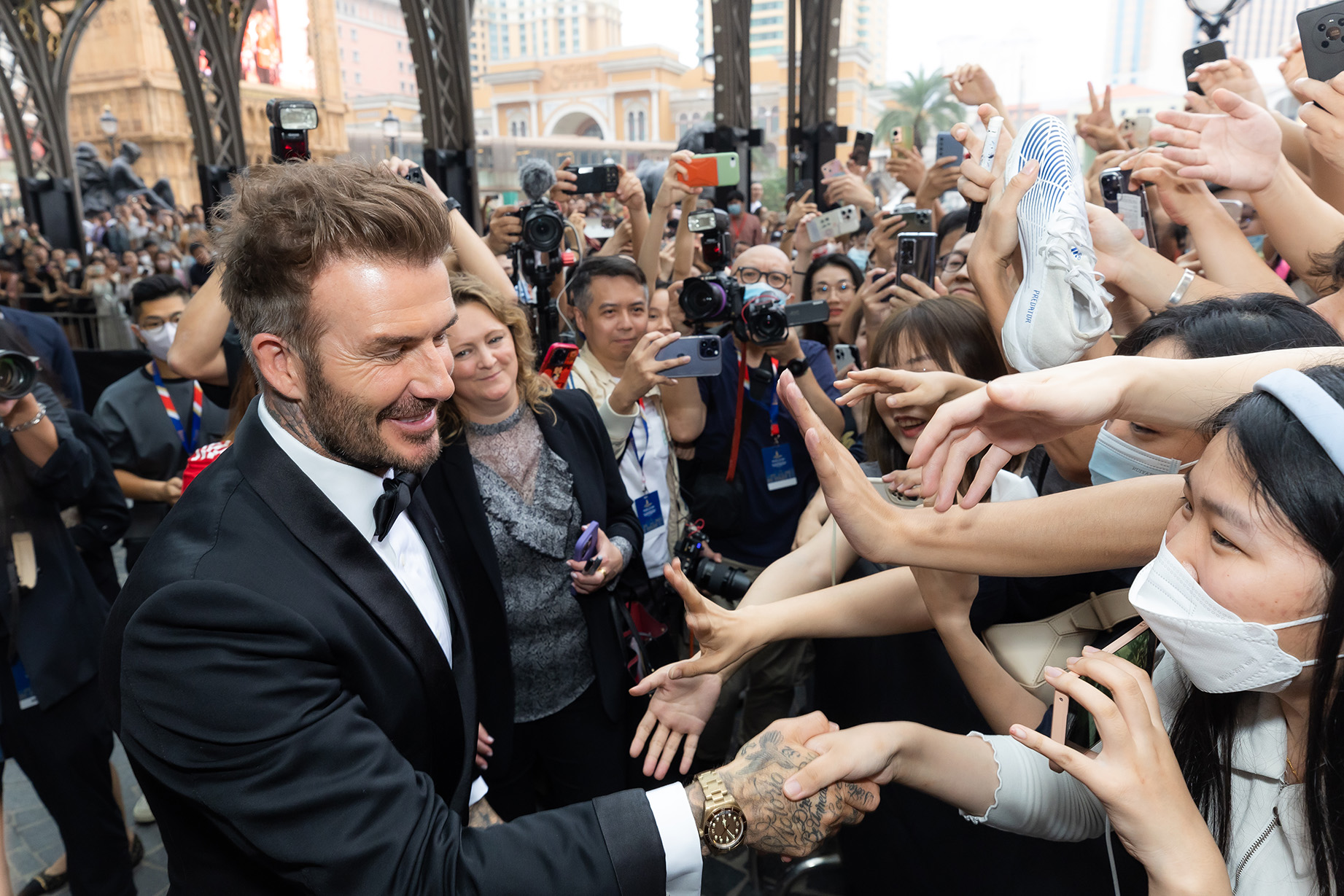 UK soccer icon and Sands global ambassador David Beckham stops at the red carpet during The Londoner Macao Grand Celebration event at The Londoner Arena Thursday.