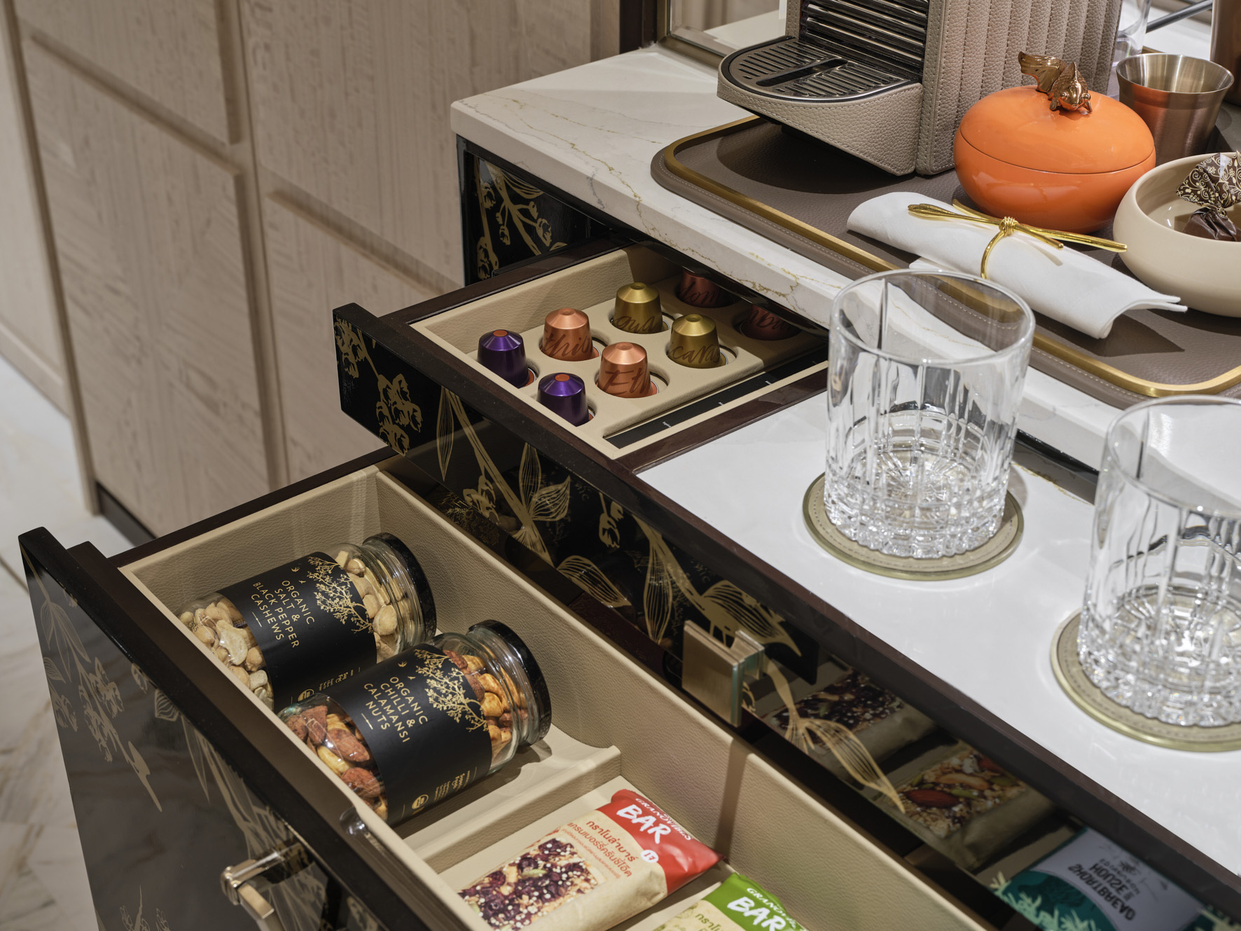 Selection of coffee, specialty tea and snacks in the Armoire