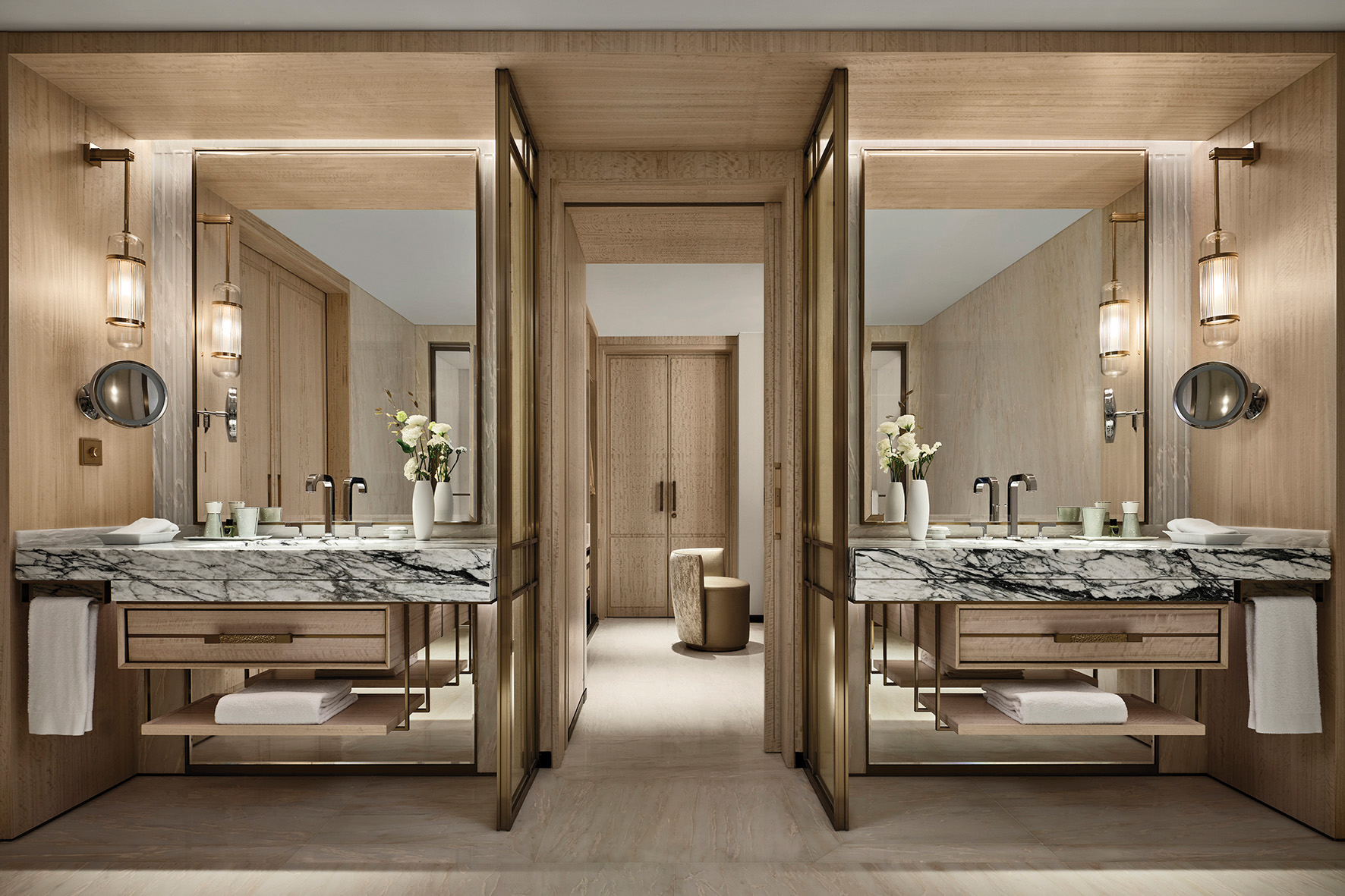 The bathroom is an urban retreat with his and hers vanities 