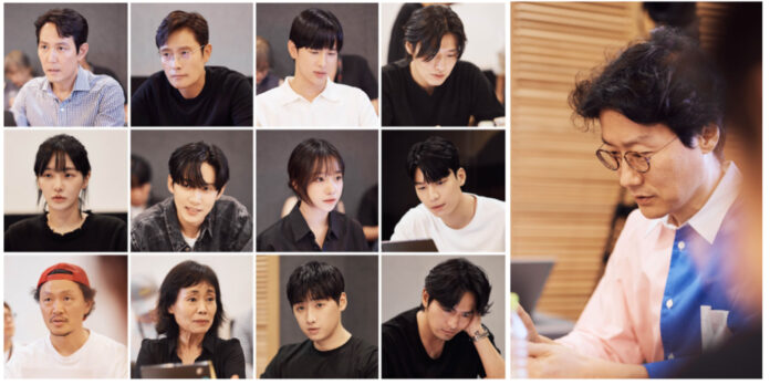 Top row (from left): LEE JUNG-JAE, LEE BYUNG-HUN, YIM SI-WAN, KANG HA-NEUL Middle row (from left): PARK GYU-YOUNG, PARK SUNG-HOON, JO YU-RI, WI HA-JUN Bottom row (from left): YANG DONG-GEUN, KANG AE-SIM, LEE DAVID, LEE JIN-UK Vertical photo: Director HWANG DONG-HYUK