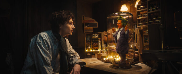 (L-r) TIMOTHÉE CHALAMET as Willy Wonka and HUGH GRANT as an Oompa Loompa in Warner Bros. Pictures and Village Roadshow Pictures’ “WONKA,” a Warner Bros. Pictures release.