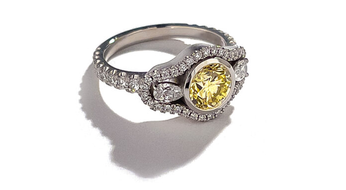 Yellow Diamond Ring by Geoffrey Good - Bespoke Remount of yellow diamond in platinum with 18K yellow gold (under yellow diamond), with white diamond melee