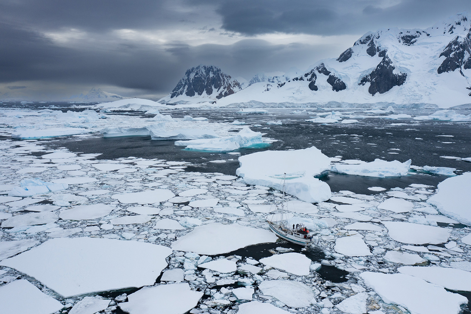 High, distant shot of the Australis sailing through the ice flow.