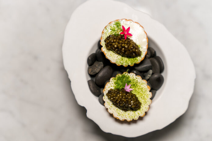 Caviar and smoked salmon tart with zucchini mole