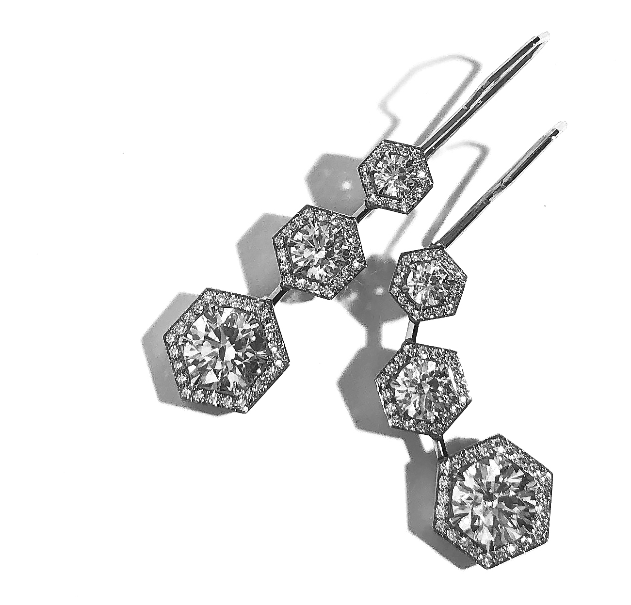 Hex Diamond Pendant Earrings by Geoffrey Good - 18K white gold with diamond pave surrounding. The six center stones are 6+ tcw.