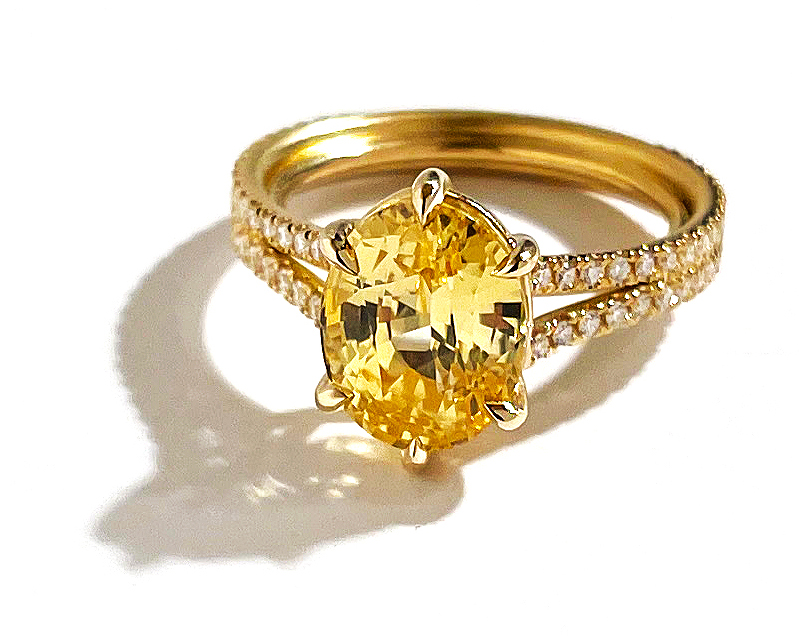 Yellow Sapphire Ring by Geoffrey Good - 5 ct. certified unheated Sri Lankan sapphire with diamond melee in a split shank 18K yellow gold ring