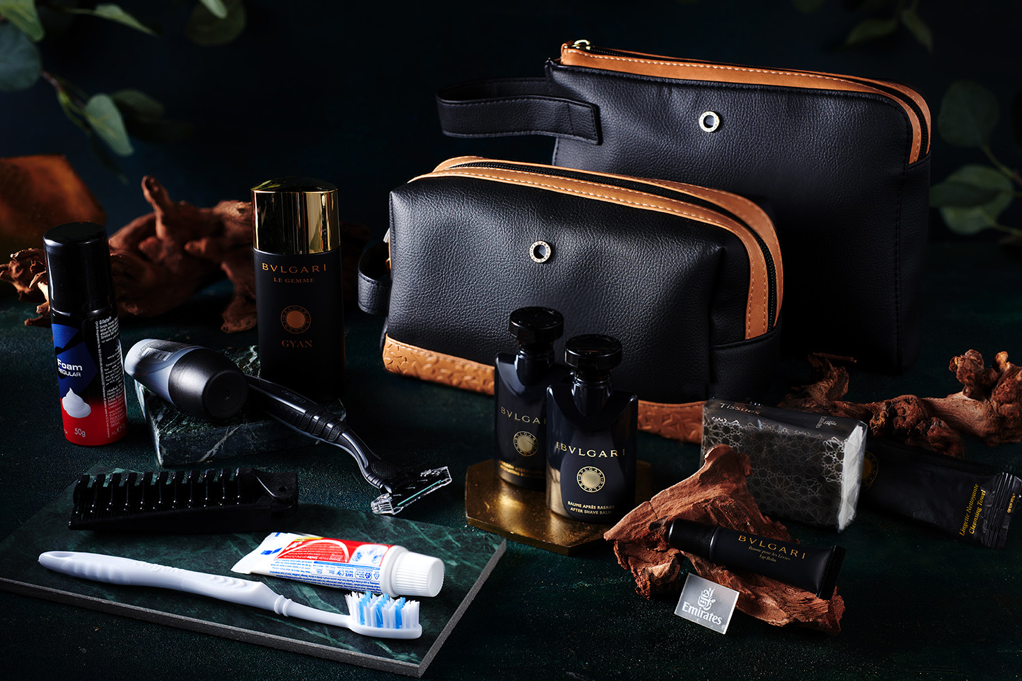 Emirates Bulgari First class amenity kits 2023 - Tan and Black