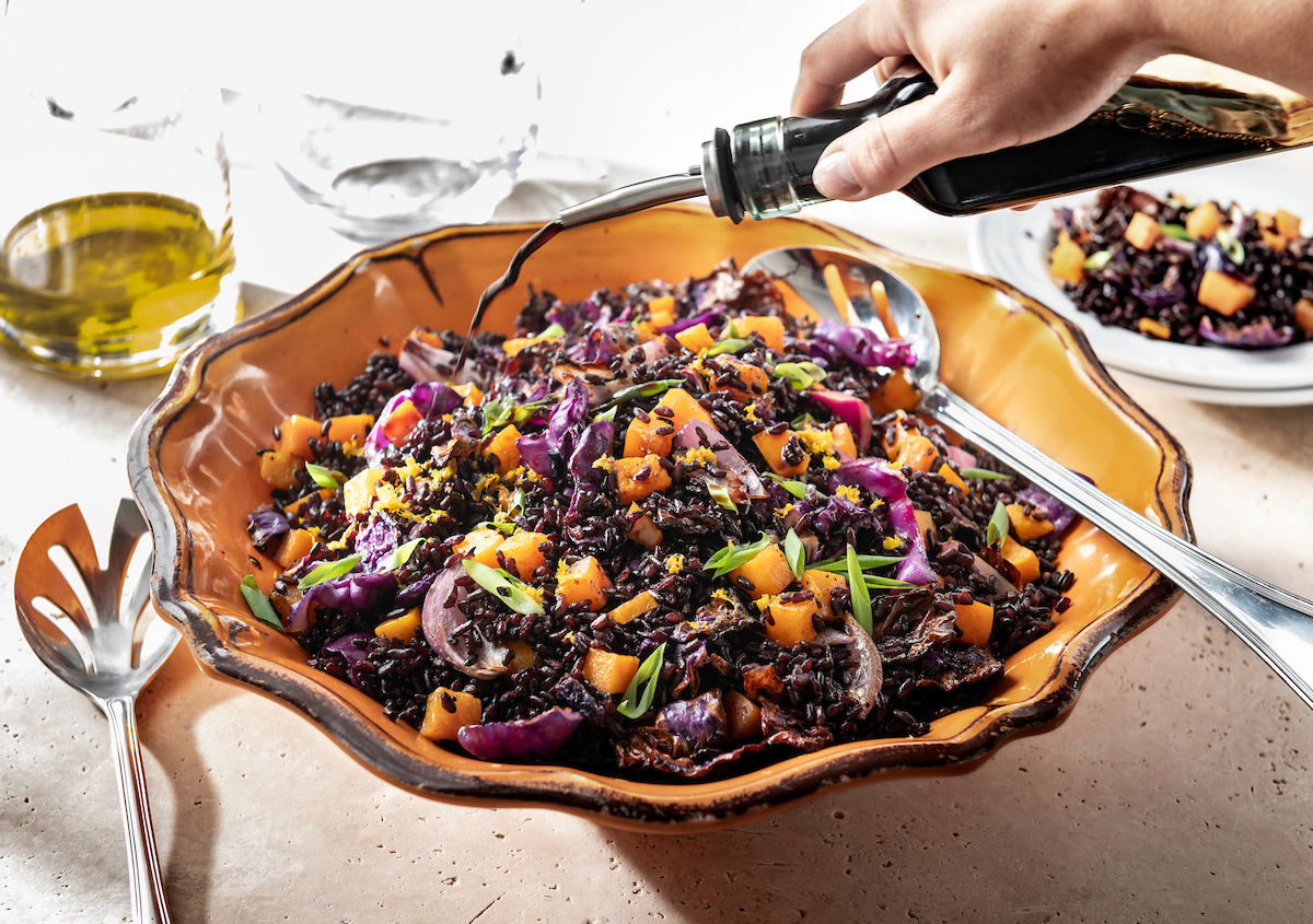 Harvest Black Rice with roasted butternut squash, red cabbage and red onion tossed in an orange balsamic dressing
