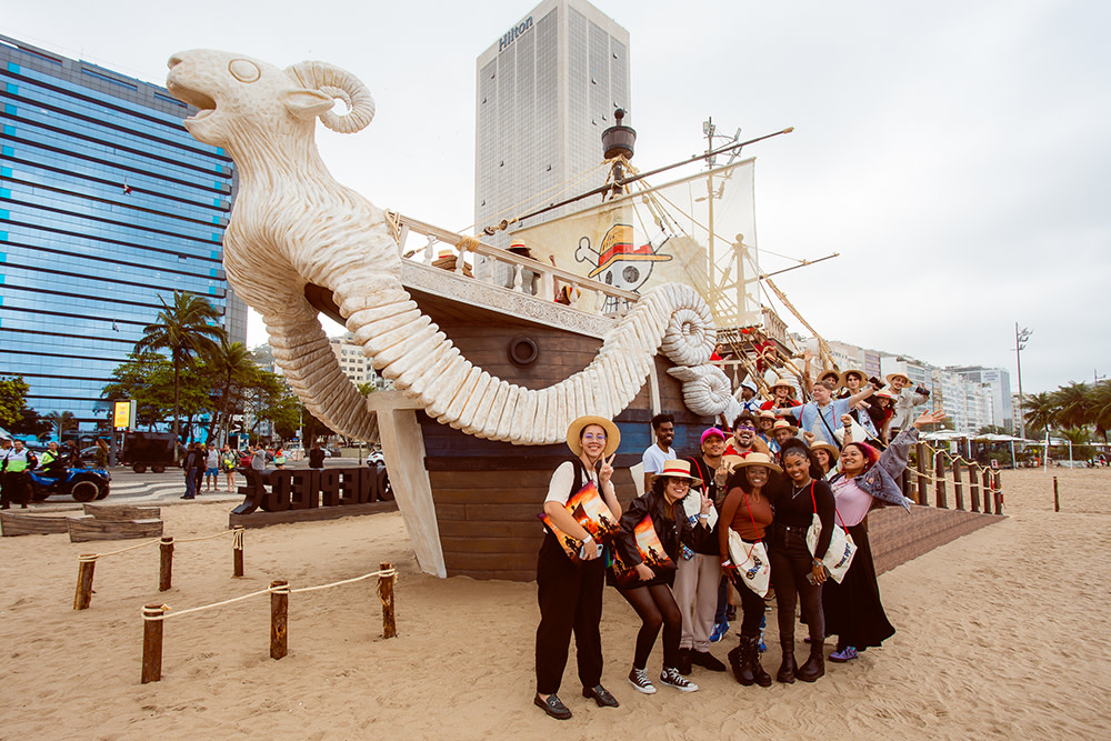 A replica of the Going Merry welcomes visitors at Copacabana Beach in Rio de Janeiro