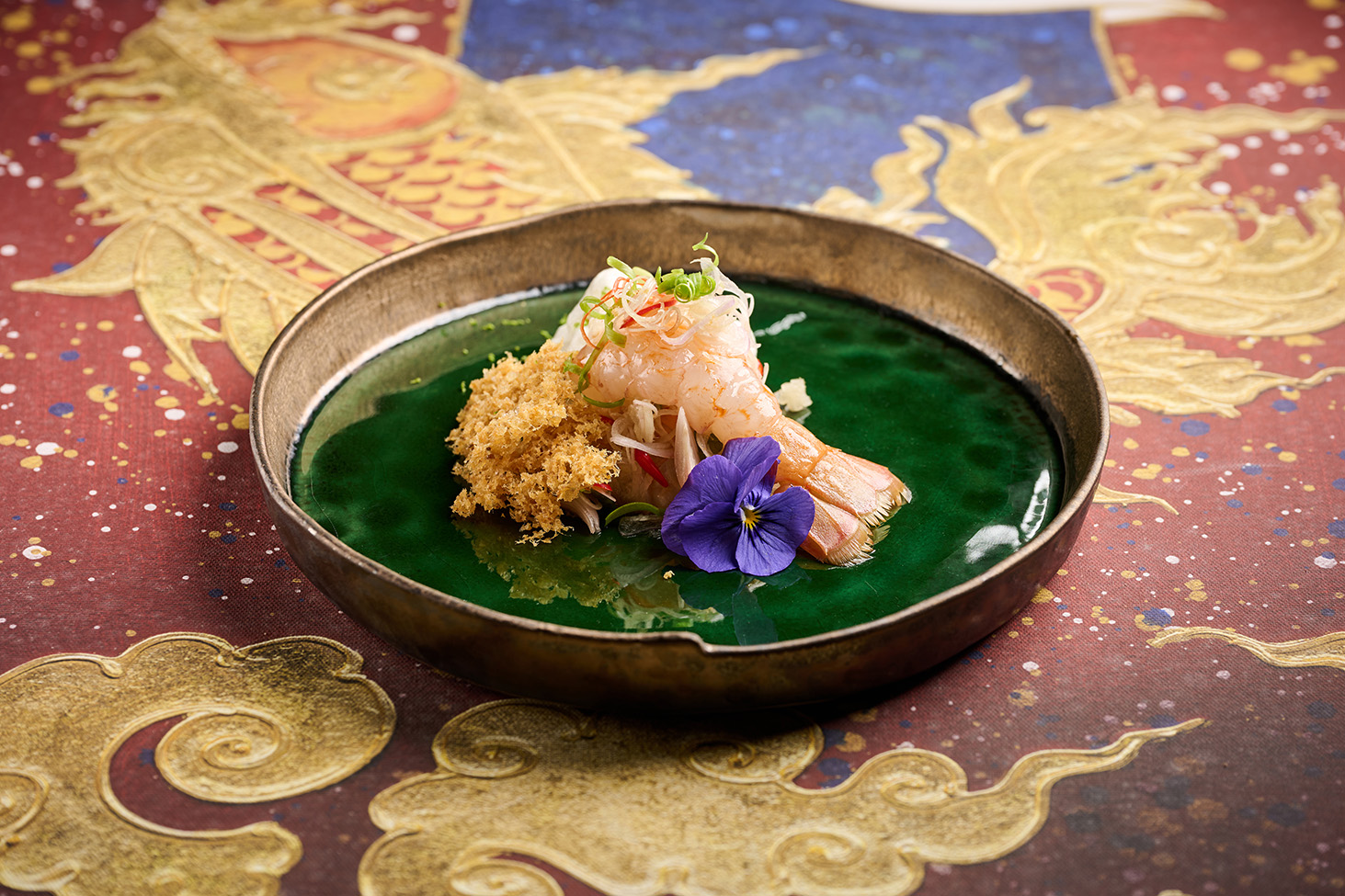 Langoustine and Tiger Prawn Salad with Herbs and Crispy Fish at The Londoner Macao