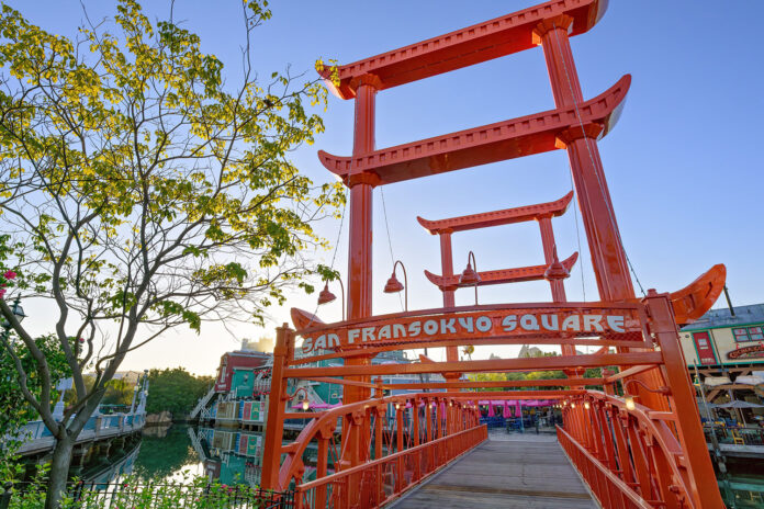 The San Fransokyo Gate Bridge, an iconic landmark in San Fransokyo Square at Disney California Adventure Park in Anaheim, California