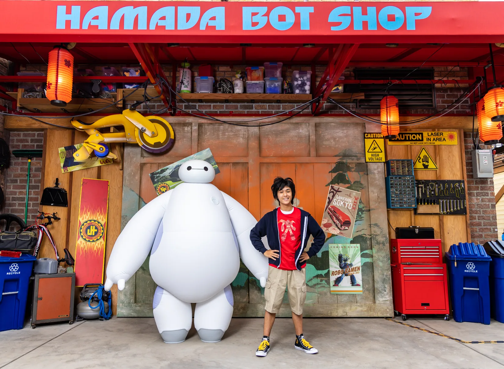 When guests step into San Fransokyo Square at Disney California Adventure Park in Anaheim, Calif., they may have the opportunity to interact with boy genius Hiro Hamada and his huggable healthcare companion robot, Baymax, outside the Hamada Bot Shop.