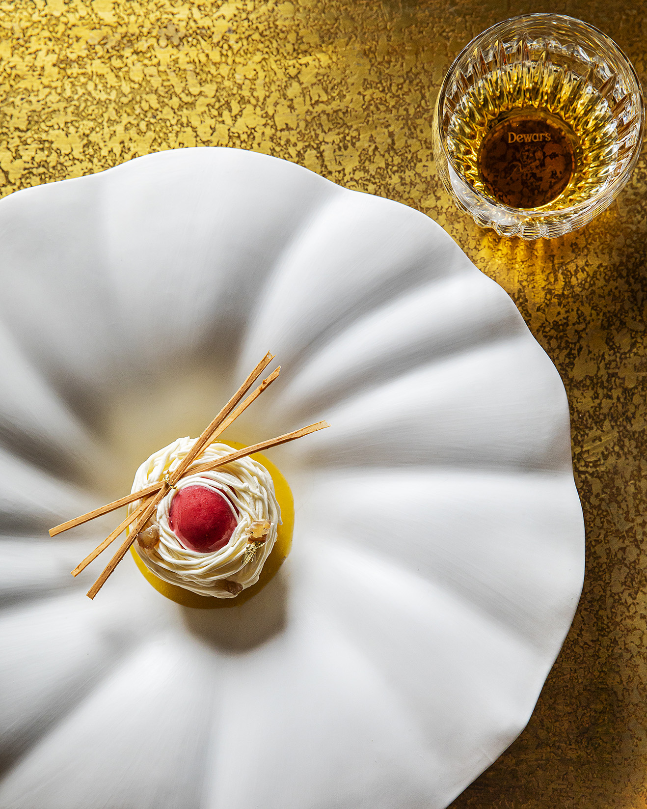 Chestnut Crème "Tobacco Chantilly" Red Currant Sorbet with the pairing of DEWAR'S Double Double 37-Year-Old