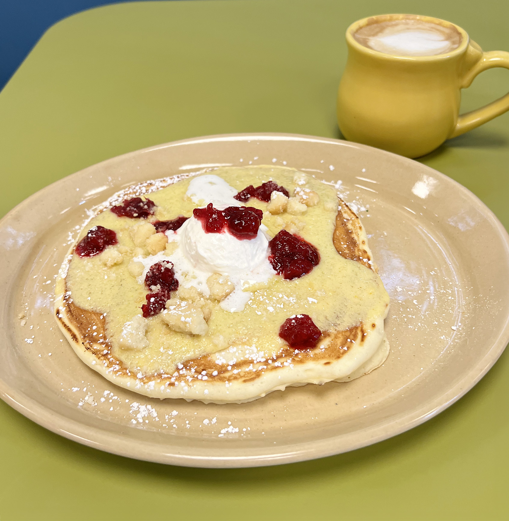 Pancake of the Week: Cranberry Orange Buttermilk Batter with orange custard and candied cranberries and topped with cranberry mascarpone and shortbread crumbles at Snooze Huntington Beach, California (Photo by Julie Nguyen)