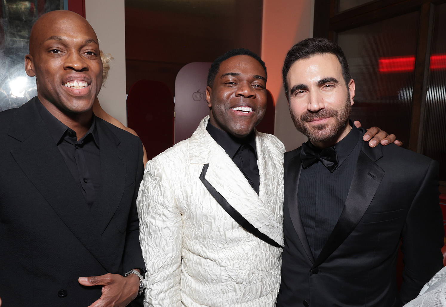 (L-R) Moe Jeudy-Lamour, Sam Richardson and Brett Goldstein seen at the Apple TV+ Emmy Awards post ceremony reception at Mother Wolf on January 15, 2024 in Los Angeles, California.