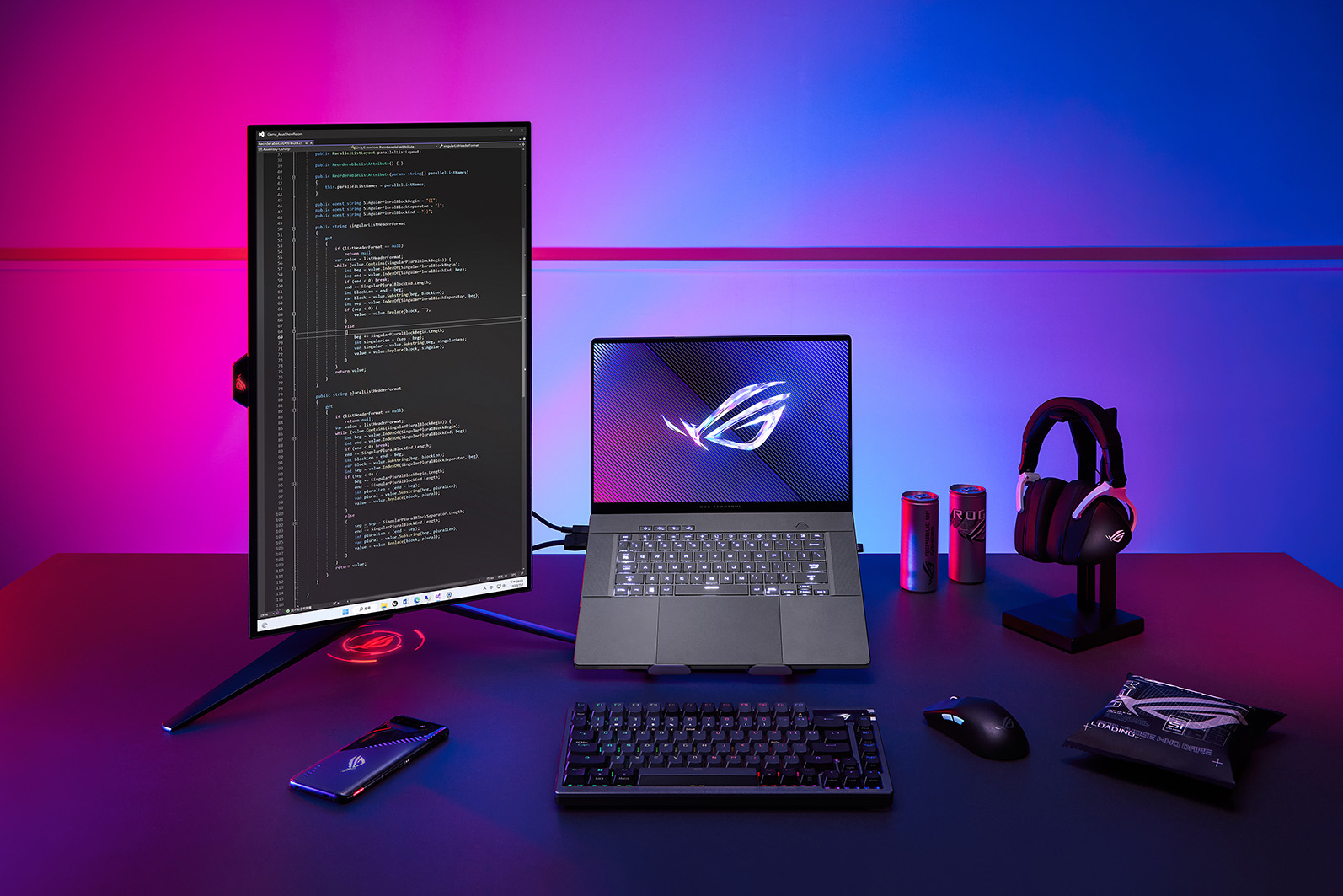 Scenario photo of a programming set up with a eclipse gray 2024 ROG Zephyrus G16