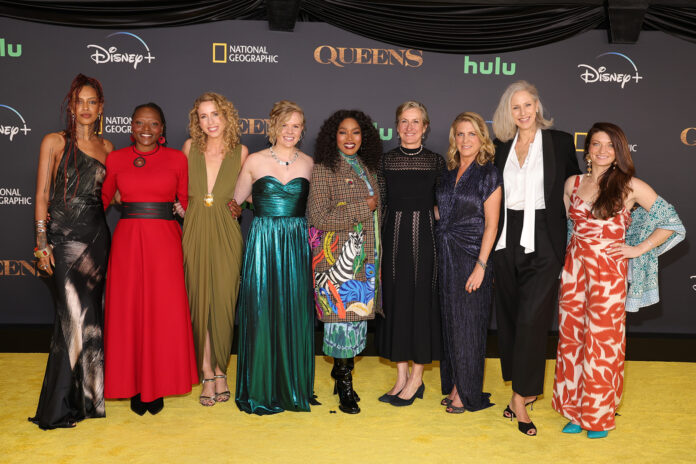 (L-R) Alewya, Faith Musembi, Chloe Sarosh, Erin Ranney, Angela Bassett, Justine Evans, Vanessa Berlowitz, Sophie Darlington and Jen Guyton attend the Los Angeles premiere of National Geographic's 