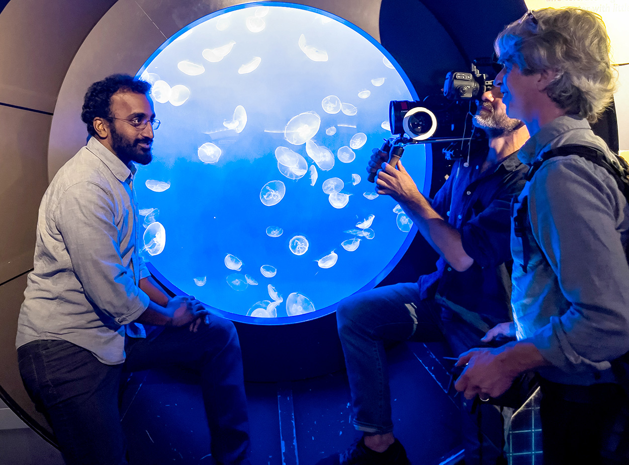 At the Adventure Aquarium in Camden, NJ, Anand Varma speaks with director Marshall Curry about the moon jellyfish, many of which are offspring of ones he filmed in his lab.