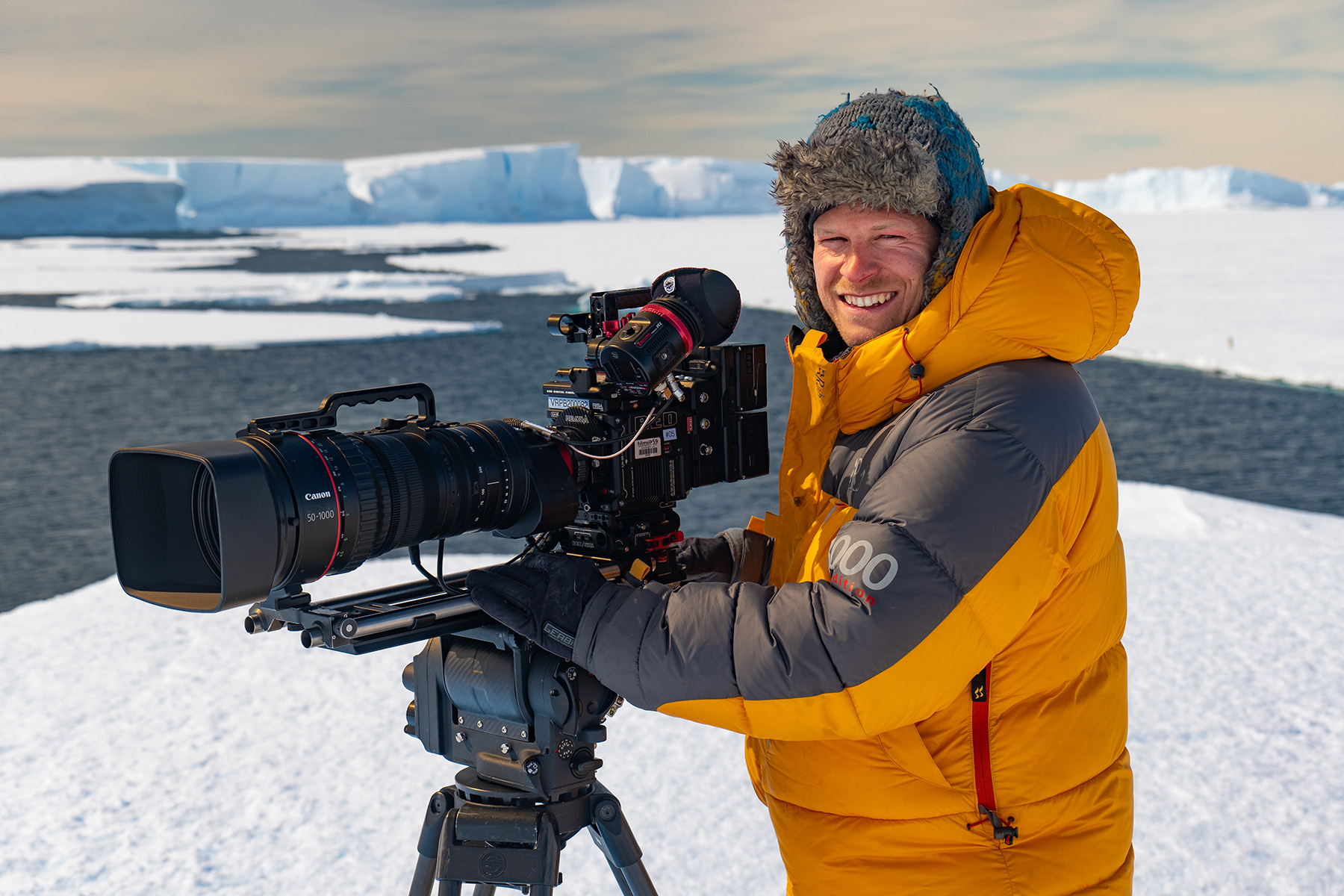 Bertie Gregory filming in Atka Bay, Antarctica.