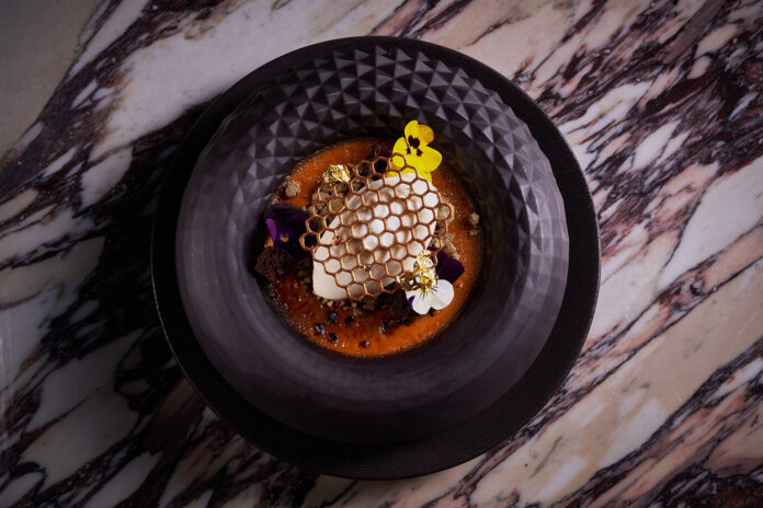 Ling Ling Thai Tea Crème Brulé, Golden Chocolate Crumble, Orange Mascarpone Ice Cream, Cocao Tuille