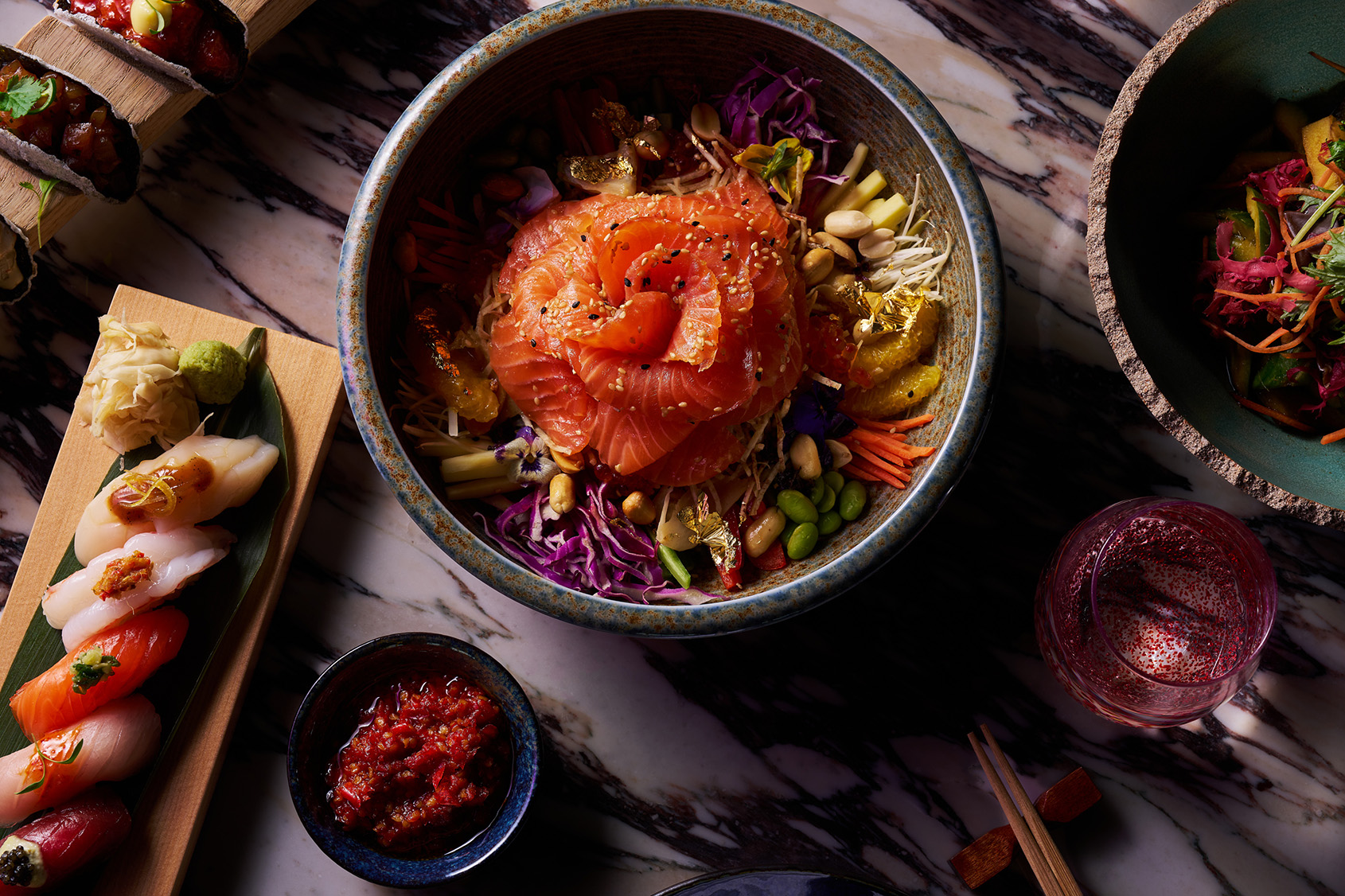 Ling Ling Yee Sang Prosperity Salad, Salmon Sashimi, Ikura, Yuzu Soy Dressing
