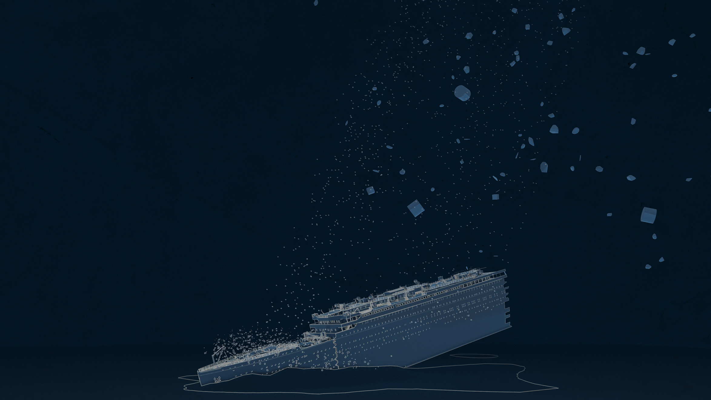 A CGI illustration of the bow of the Titanic crashing onto the sea floor.