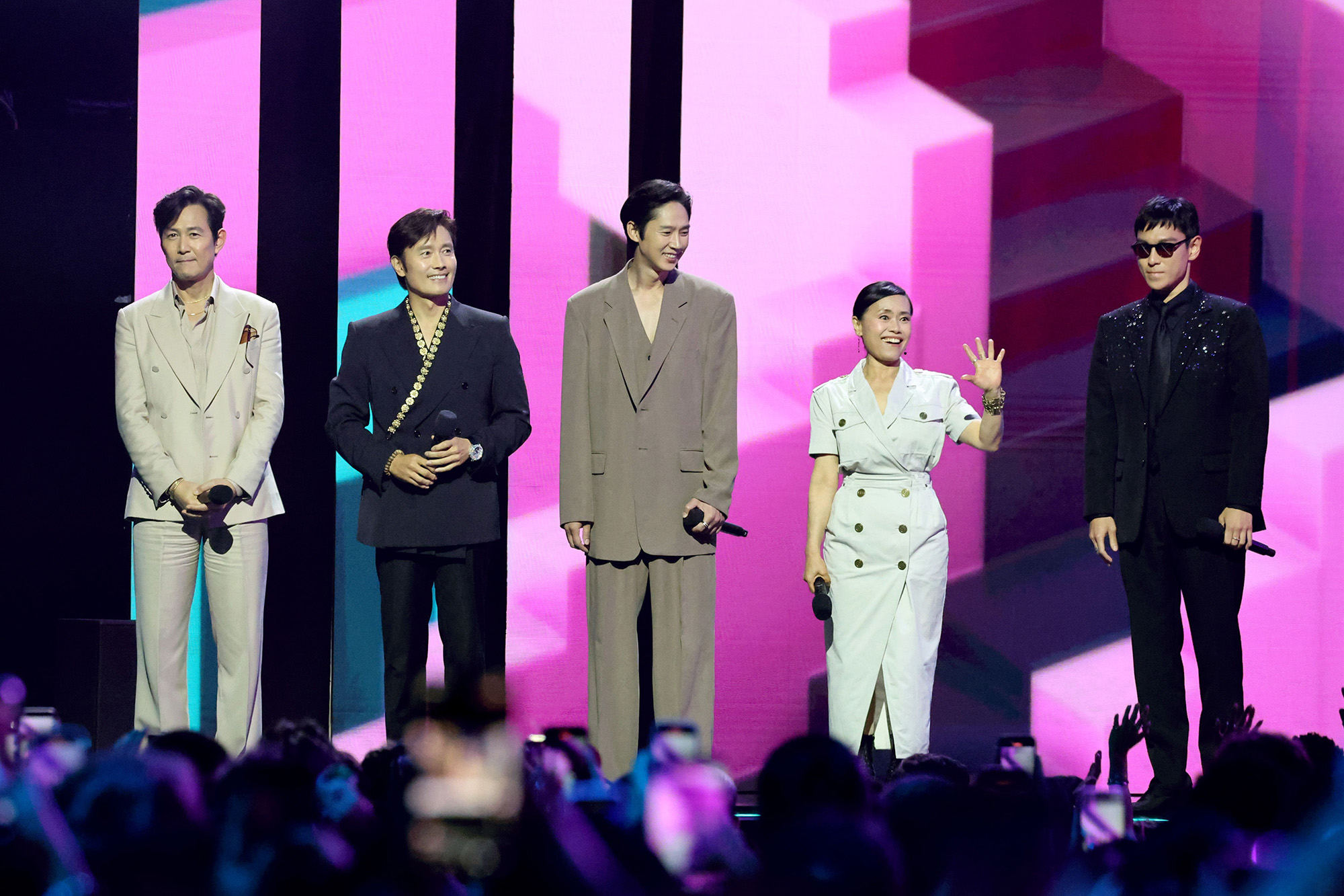 (L-R) Lee Jung-jae, Lee Byung-hun, Park Sung-hoon, Kang Ae-shim and Choi Seung-hyun aka T.O.P speak onstage during NETFLIX TUDUM 2025: THE LIVE EVENT at The Kia Forum on May 31, 2025 in Inglewood, California.