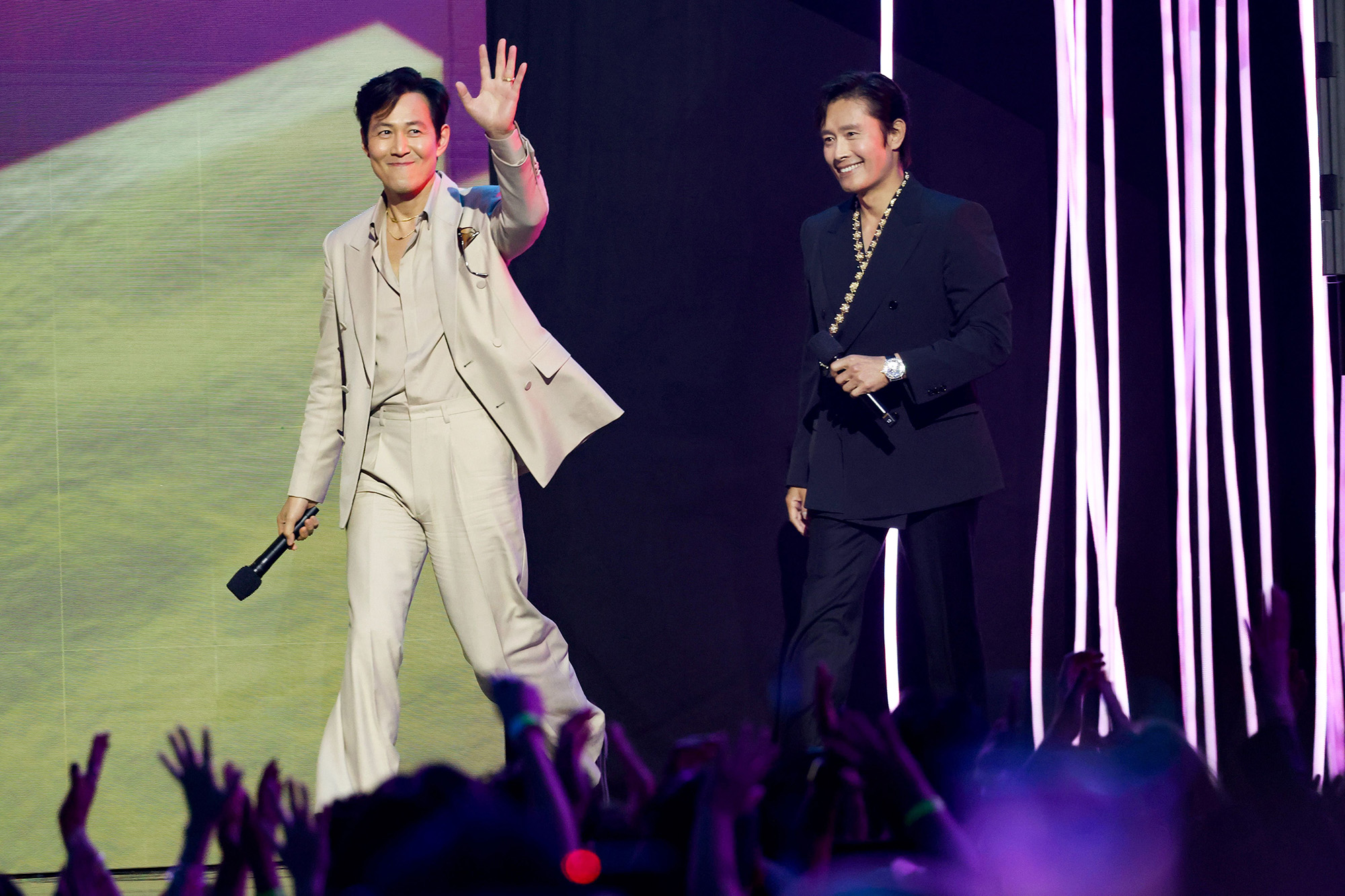 (L-R) Lee Jung-jae and Lee Byung-hun speak onstage during NETFLIX TUDUM 2025: THE LIVE EVENT at The Kia Forum on May 31, 2025 in Inglewood, California.