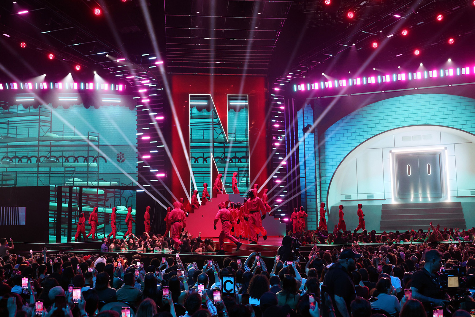Pink Guards of Squid Games perform onstage during NETFLIX TUDUM 2025: THE LIVE EVENT at The Kia Forum on May 31, 2025 in Inglewood, California.