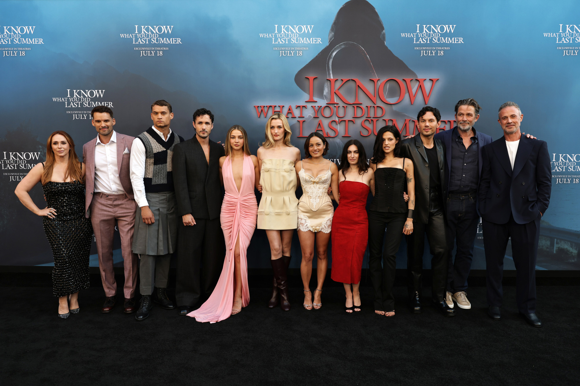 (L-R) Jennifer Love Hewitt, Austin Nichols, Tyriq Withers, Jonah Hauer-King, Madelyn Cline, Sarah Pidgeon, Chase Sui Wonders, writer/director/executive producer Jennifer Kaytin Robinson, Gabbriette Bechtel, writer Sam Lansky, Billy Campbell and Freddie Prinze Jr. attend the Columbia Pictures & Screen Gems World Premiere of “I Know What You Did Last Summer” at The United Theater on Broadway on July 14, 2025 in Los Angeles, California. 