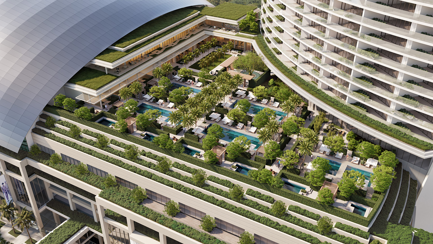 Taking inspiration from the island’s lush urban greenery, the development will see a significant proportion of green amenities