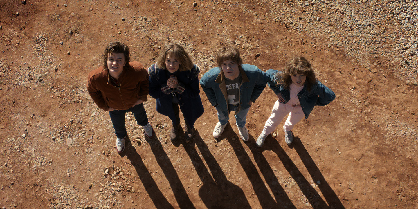 STRANGER THINGS: SEASON 5. (L to R) Joe Keery as Steve Harrington, Maya Hawke as Robin Buckley, Charlie Heaton as Jonathan Byers, and Natalia Dyer as Nancy Wheeler in Stranger Things: Season 5