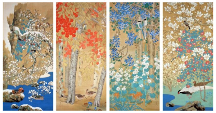 Araki Jūho, Flowers and Birds of the Four Seasons, 1917 (Taishō 6) Color on silk / Yamatane Museum of Art