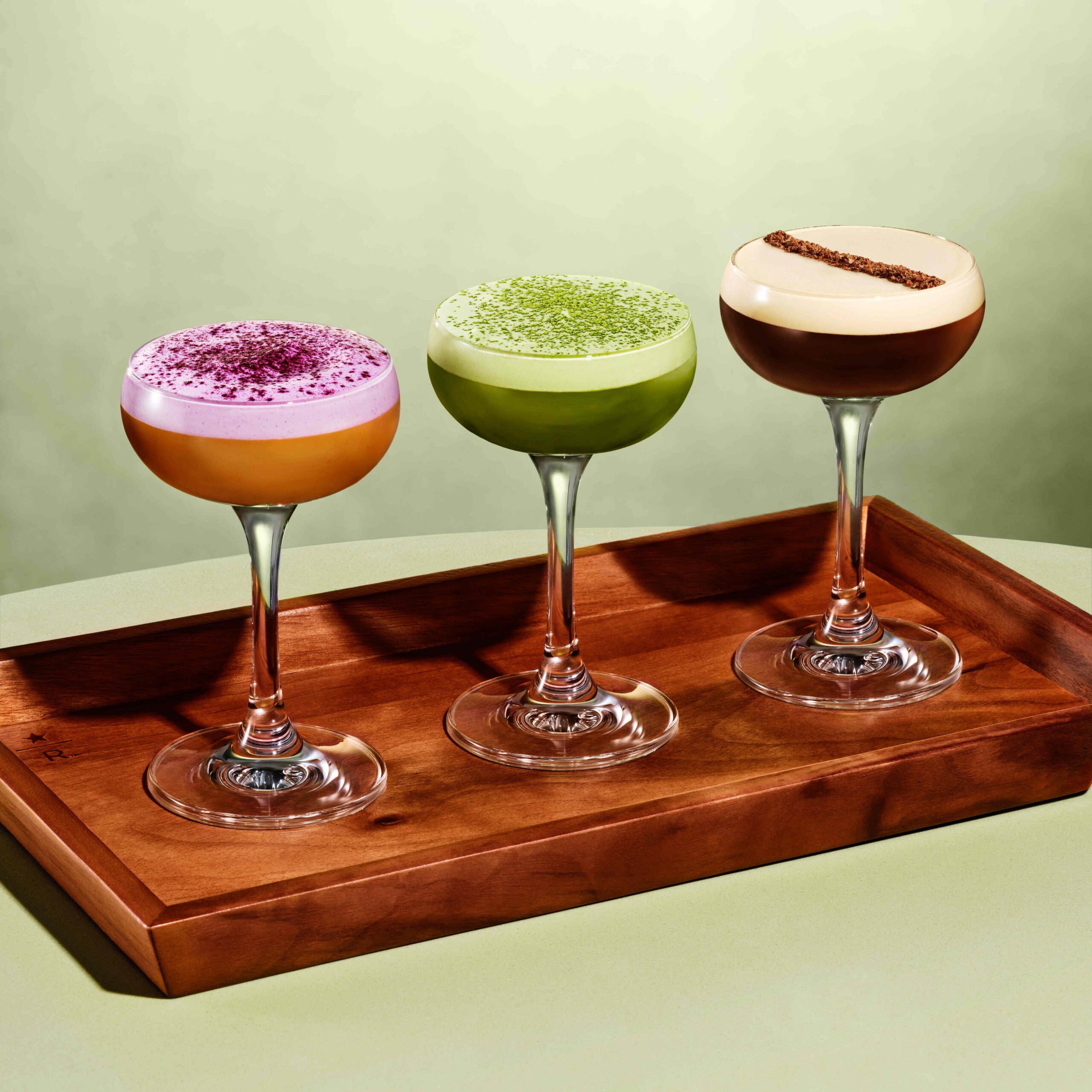 Starbucks Reserve Cocktail Flight: Ube Espresso Martini, the Double Matcha Margarita, and the signature Starbucks Reserve Espresso Martini.
