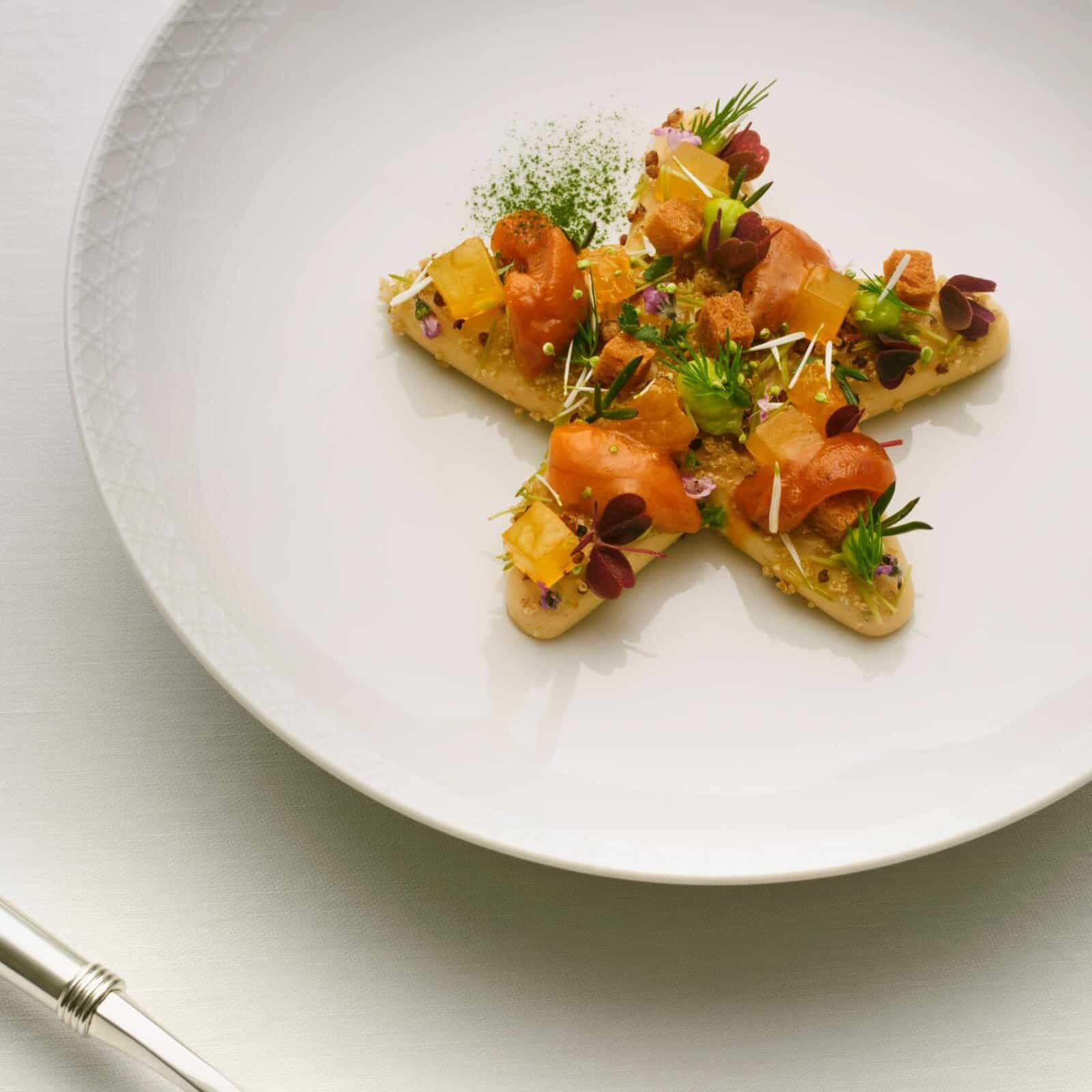 L'Étoile de Mer — Sea Urchin and Roasted Buckwheat Tea Bavarois, Mandarin Orange & Dill Condiment, Nasturtium Coulis