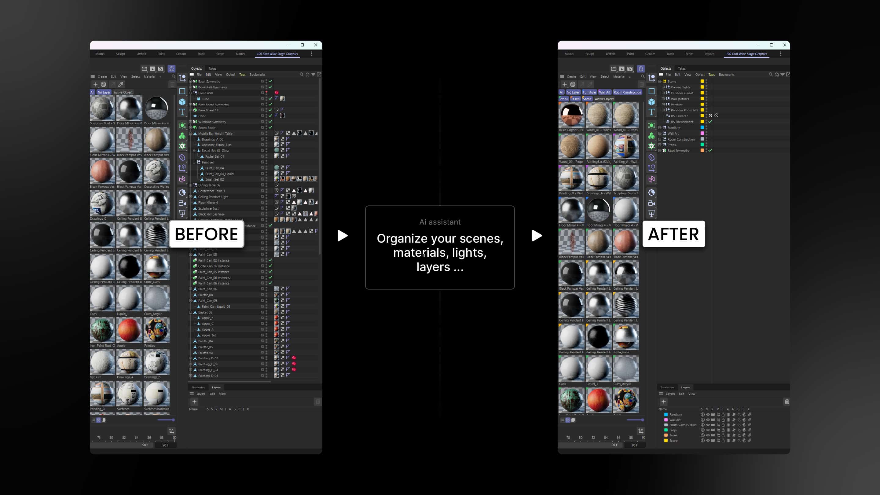 Cinema4D MCP server Before After scene