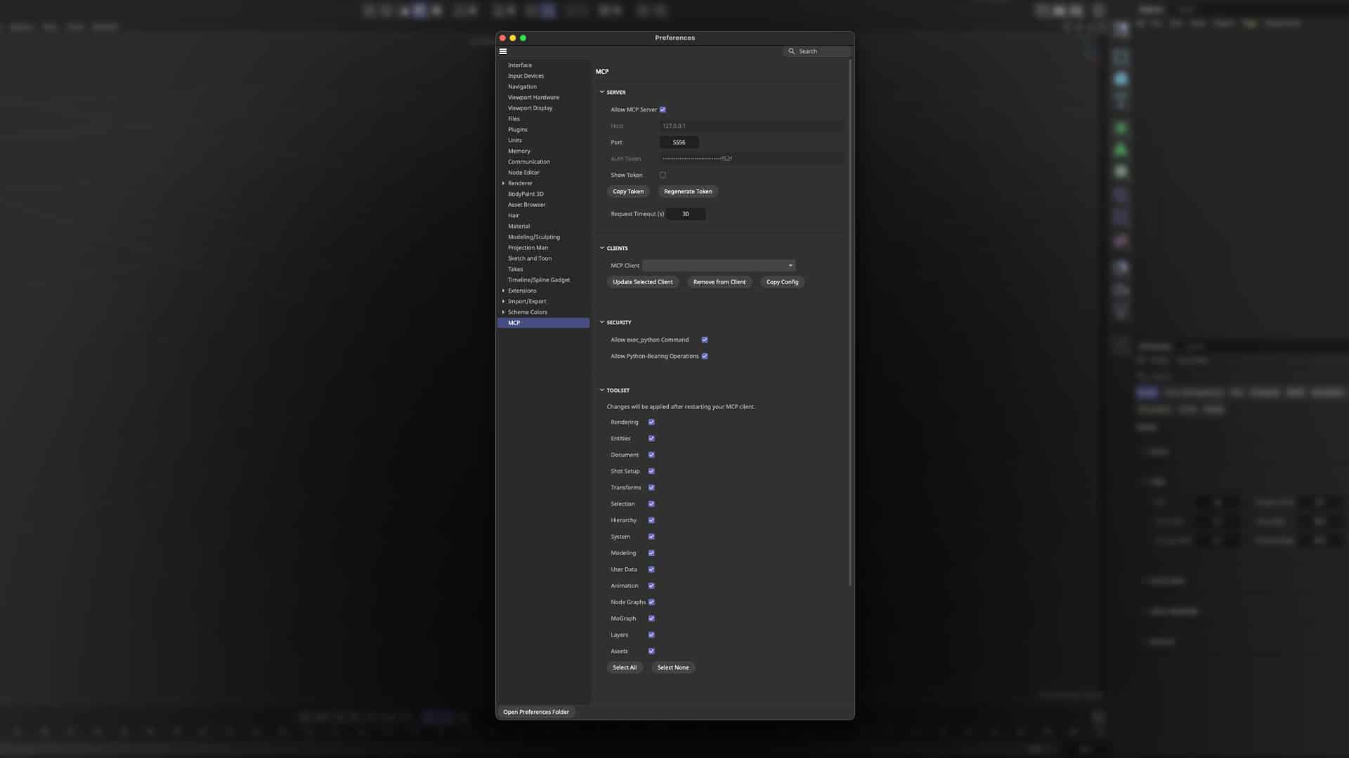 Cinema4D MCP server Preferences window